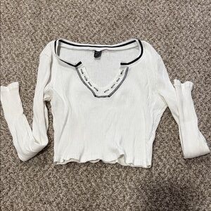 SHEIN White Long Sleeve Top with Black Trim